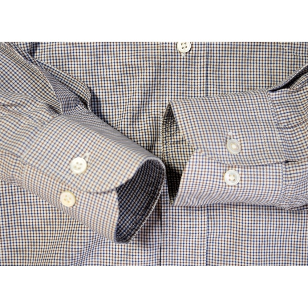 J. McLaughlin Men's L Egyptian Cotton Button Down Shirt Blue Brown Micro Check - Picture 7 of 13